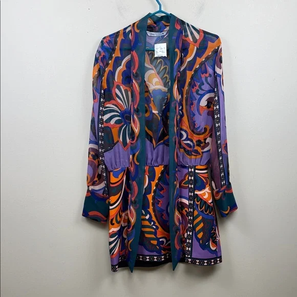 ZARA PUCCI PRINT Vibrant Paisley Open Front long sleeve mini dress medium - Picture 3 of 10